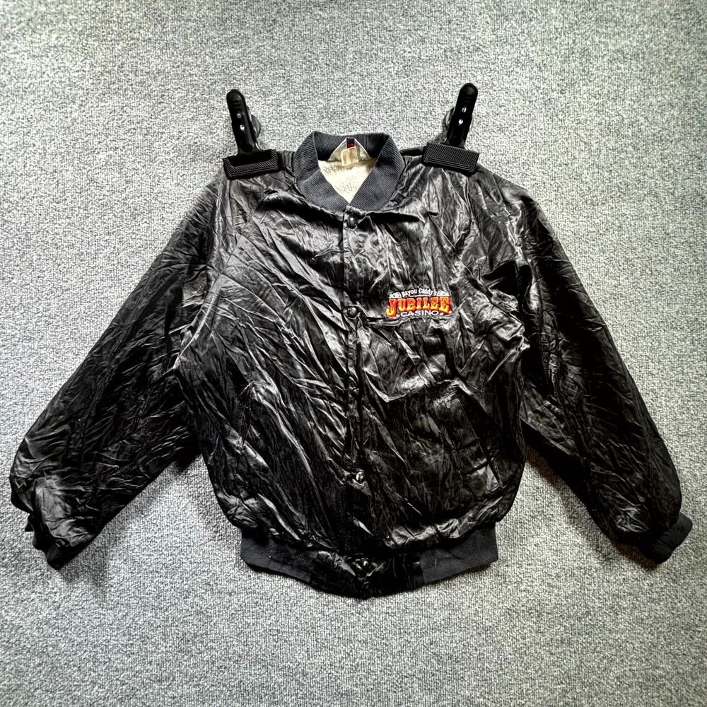 VTG 80s West Ark Bayou Caddy’s Jubilee Casino Satin Bomber Jacket Men's S Black